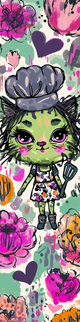 Free kawaii cats bookmark featuring a gray cat wearing a green chef hat and holding a spatula